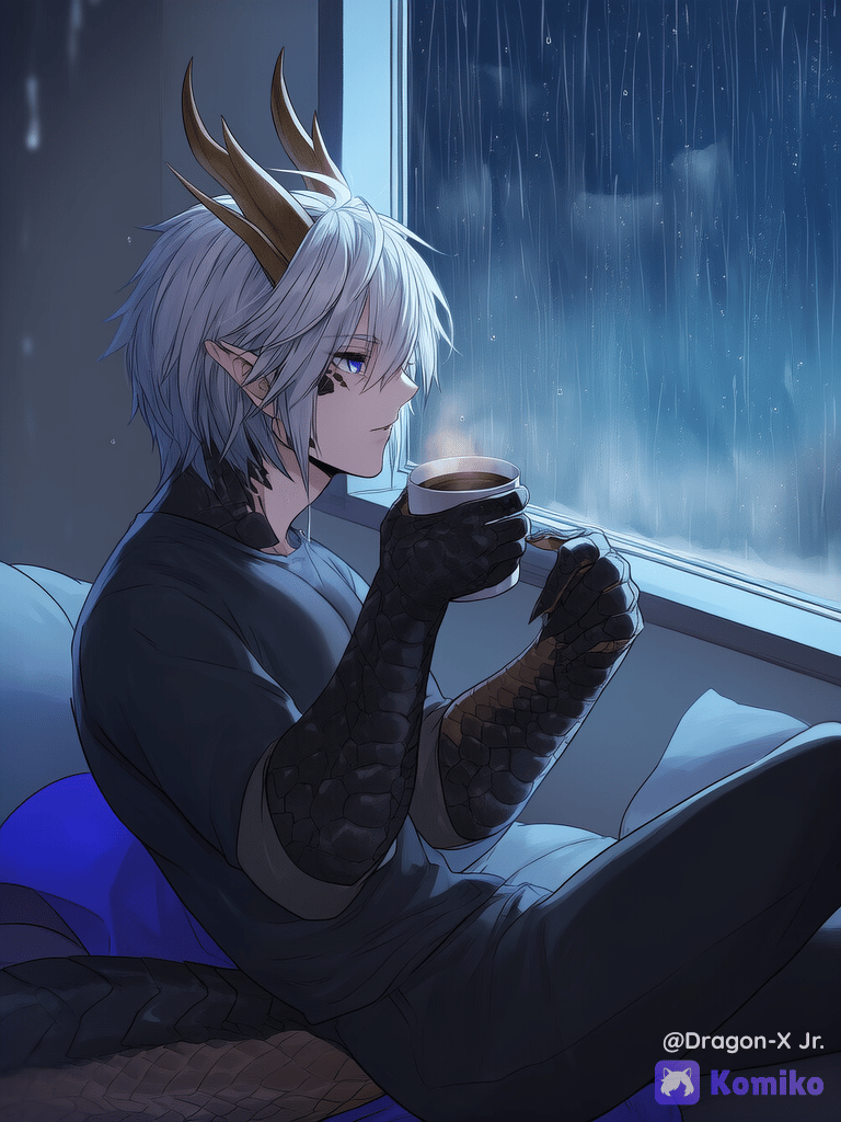 Dragon-X Jr, tomando un café mirando la ventana de noche sin su máscara en su tiempo libre