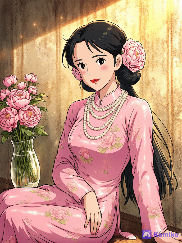 Pink Ao Dai and Peonies - A Quiet Afternoon