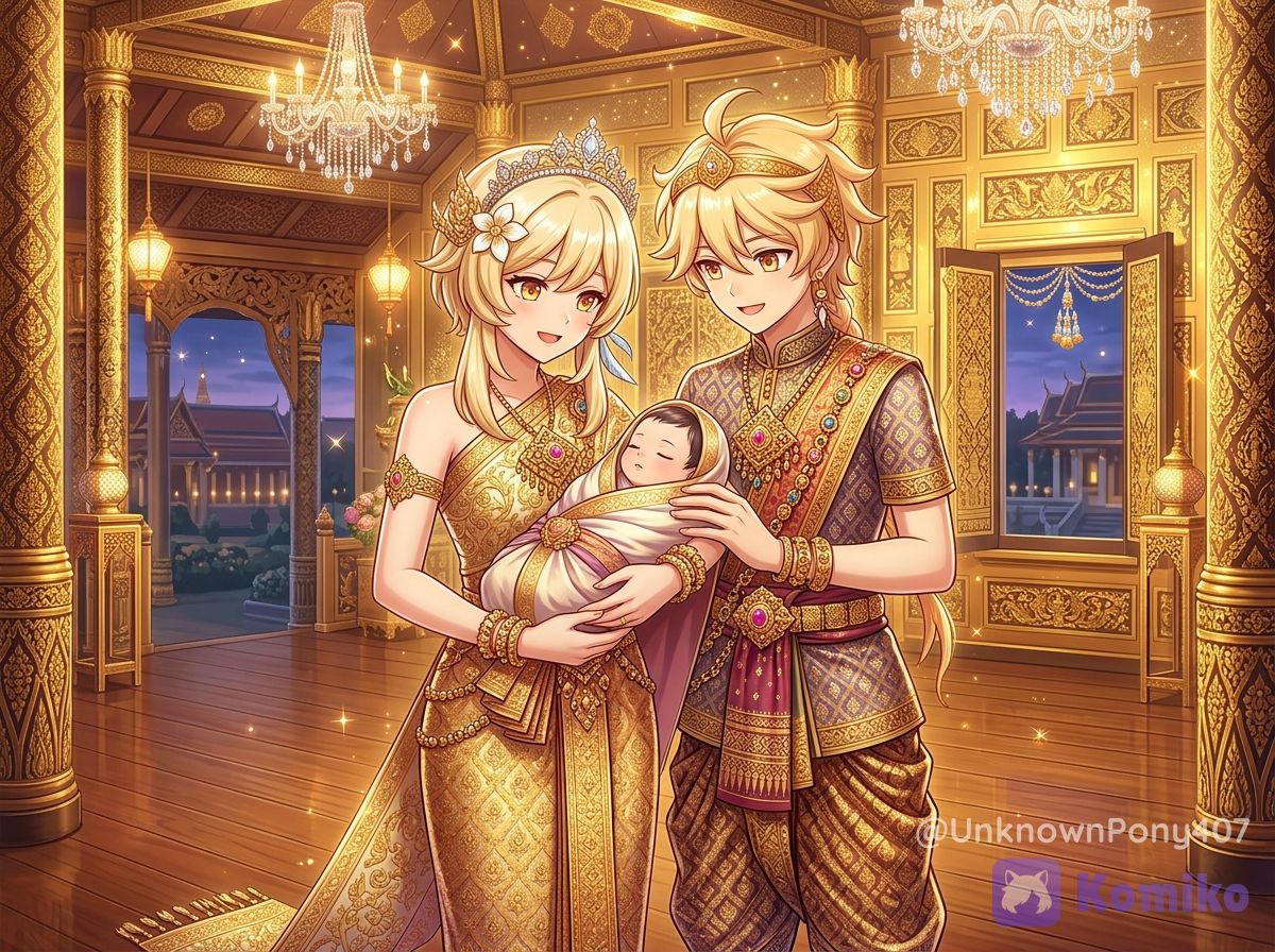 Aether and Lumine with a heir to the throne.