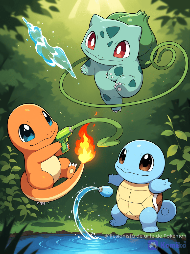 Charmander, Squirtle y bulbasaur jugando