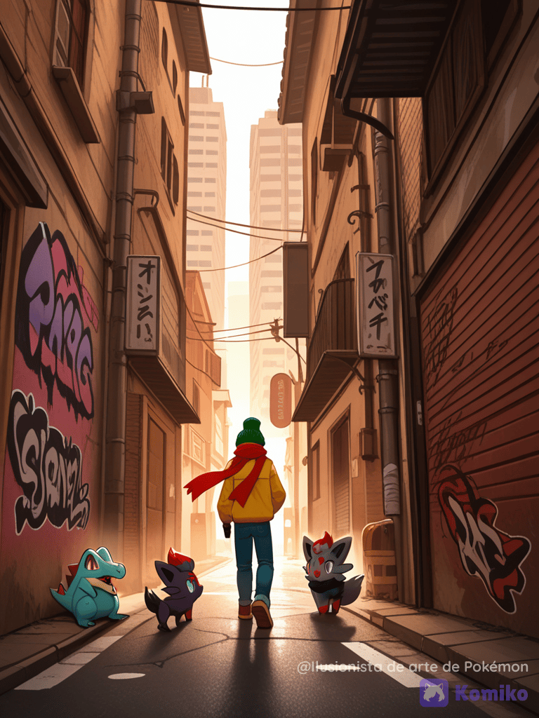 Dos Zorua y un totodile con un humano,en un callejón
