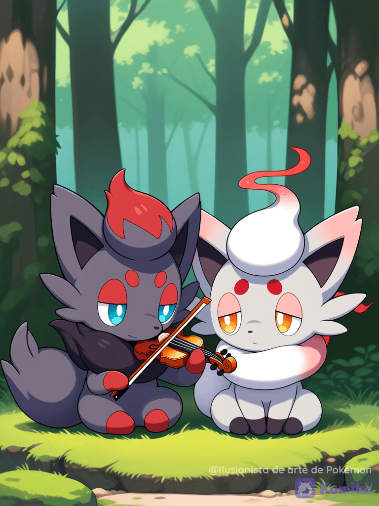 Zorua tocando el violín cerca de Hisuian Zorua