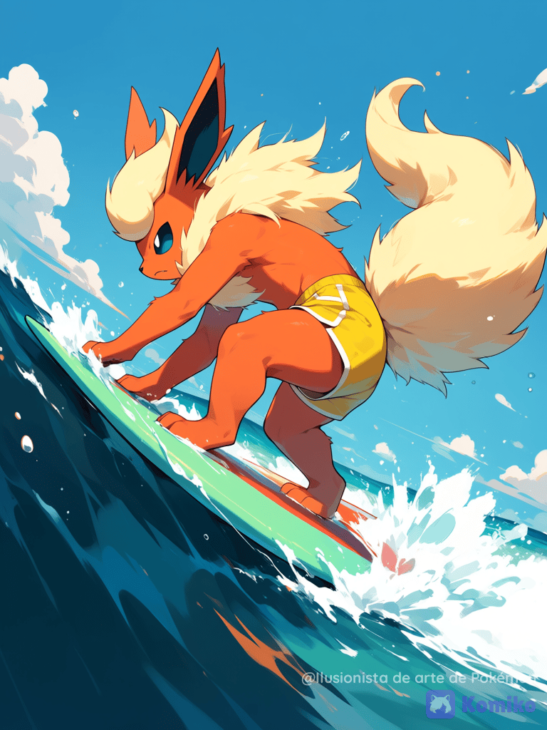 Flareon surfeando en una ola