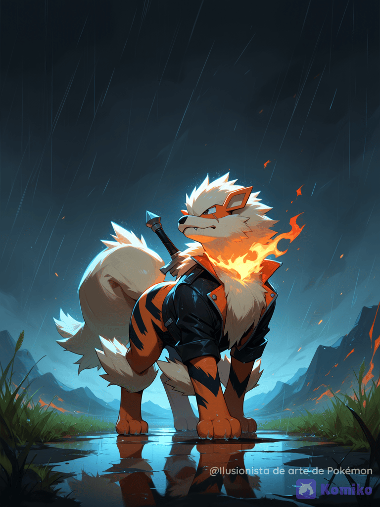 Arcanine en un campo lluvioso