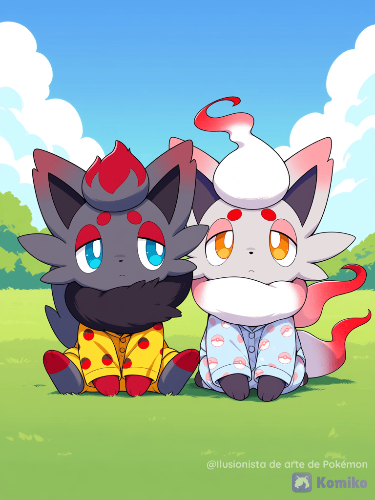 Zorua y Hisuian llevando pijamas
