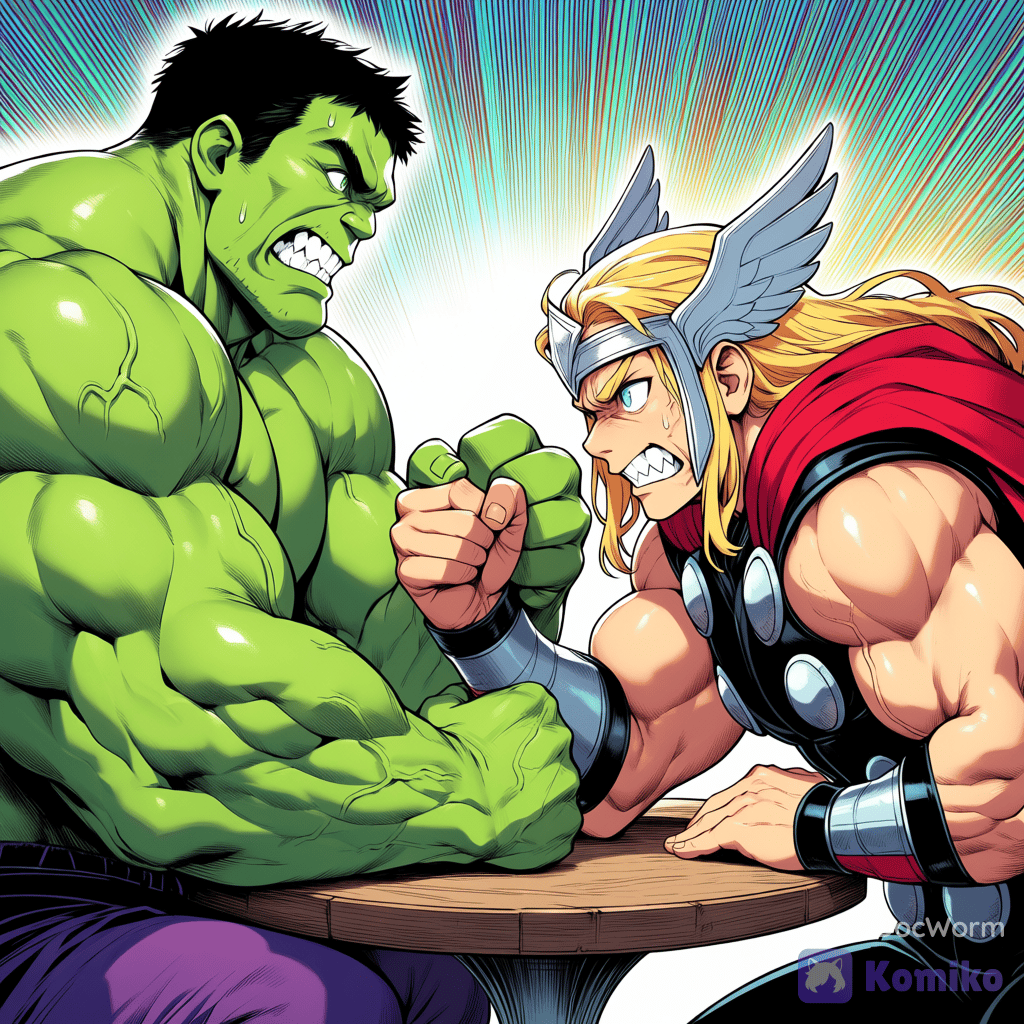 Thor and Hulk arm wrestling
