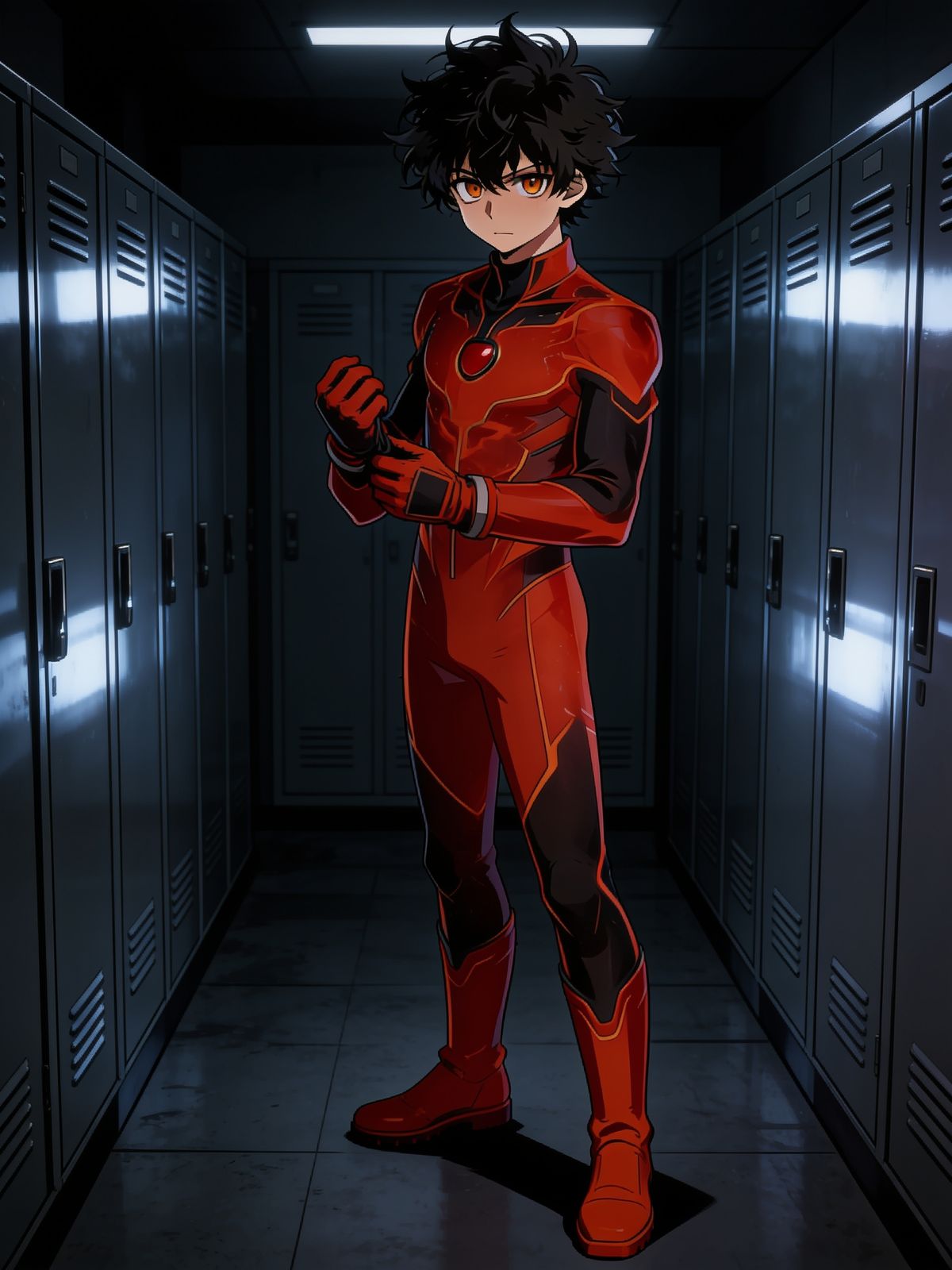 Kazuki's making sure his Hero Costume is on correctly for his first combat training