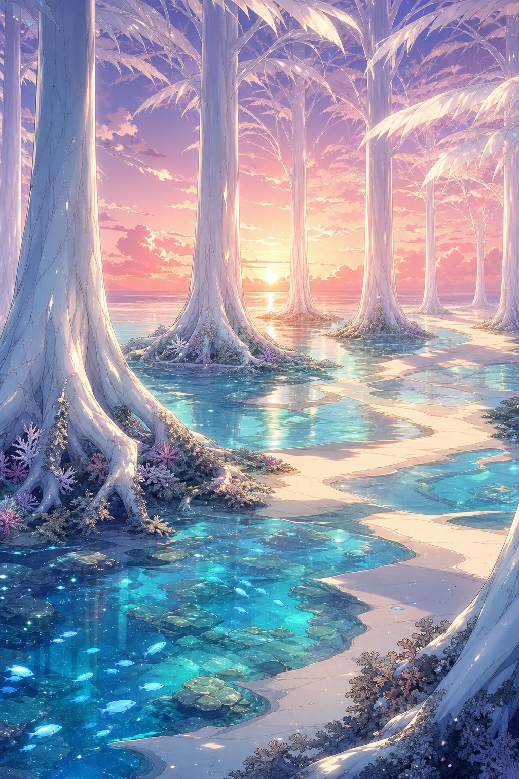 A vast forest rising directly out of a shallow turquoise ocean🩵