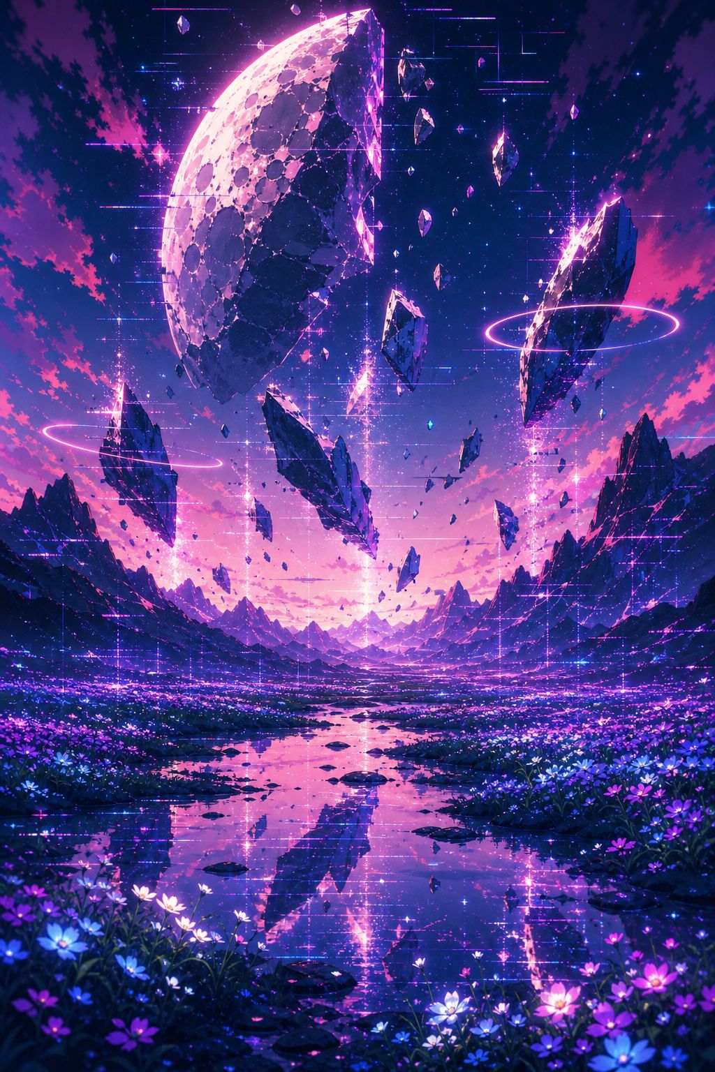 Several gigantic moon fragments float silently ✨