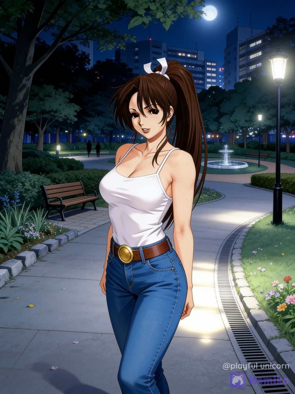 Mai Shiranui in garden at night