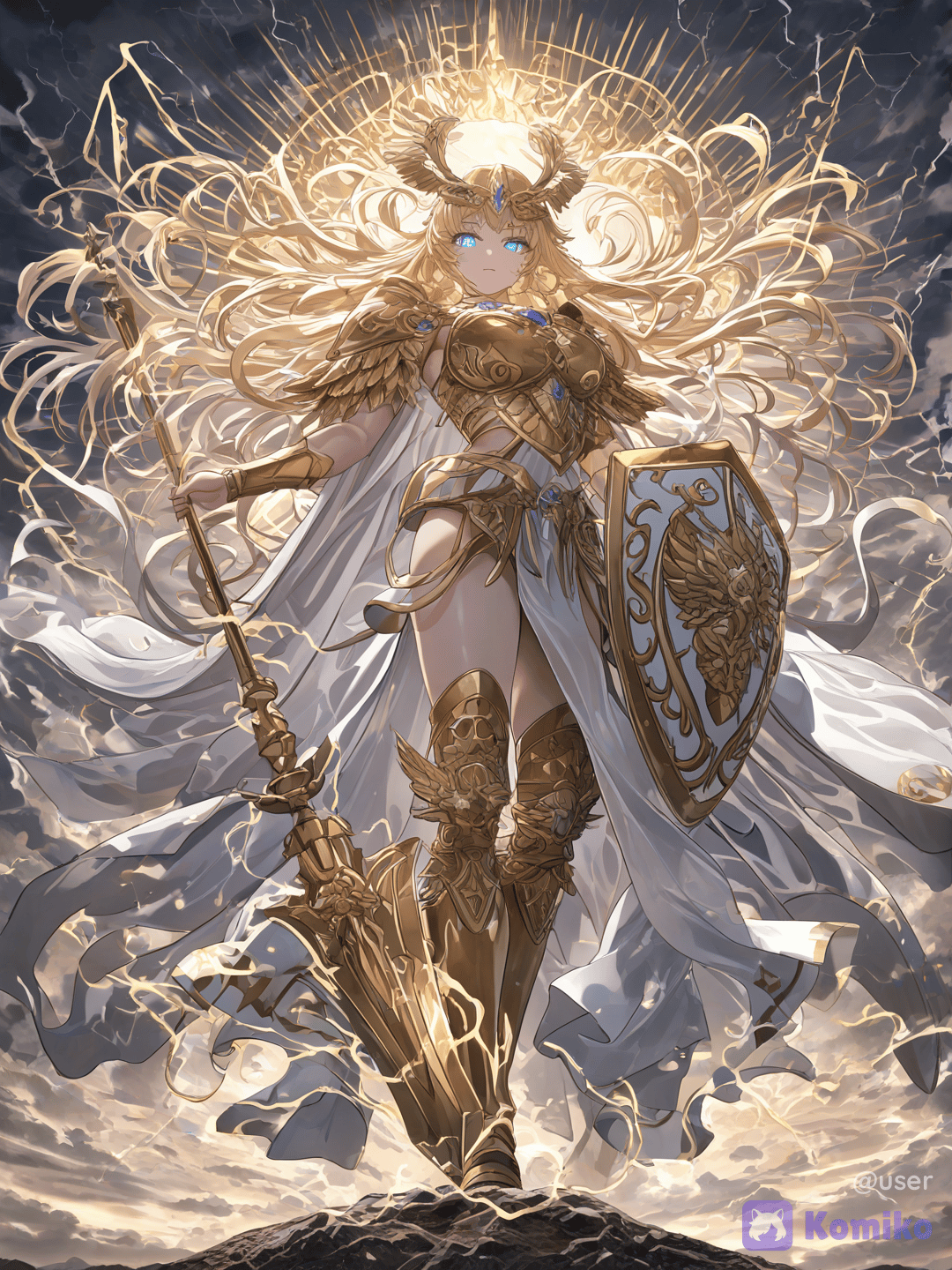 Goddess Athena, powerful adult woman, golden armor with owl details, long flowing blonde hair, glowing blue eyes, holding golden spear and aegis shield, majestic , []
