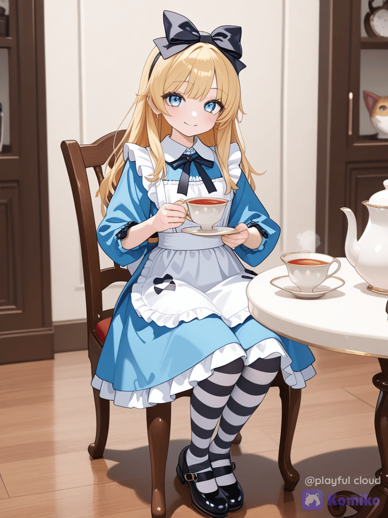 Alicia en el país de las maravillas tomando el té antes de ir a su escuela