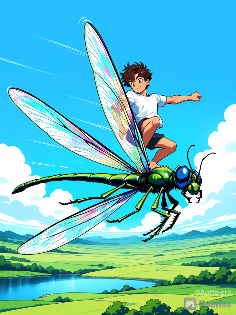 相棒と駆ける青天井 Racing across the open blue sky with my partner.