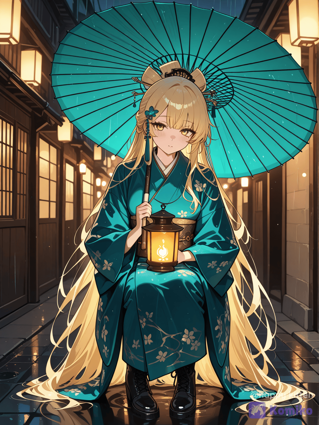 雨夜傘下金髮少女 ☂️🌧️