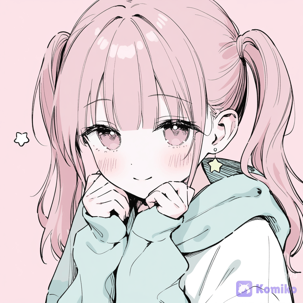 A cheerful anime girl with twin tails, wearing a pastel hoodie and tiny star earrings, standing against a soft pink background