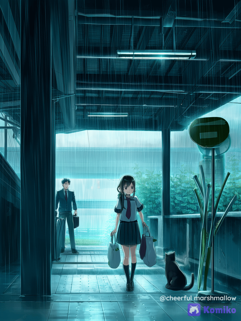 大雨で帰れない、猫と雨宿り