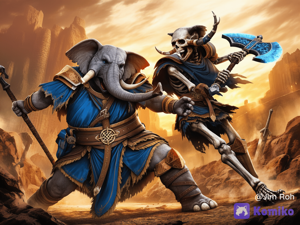 Loxodon paladin fights a Skeleton Giant.