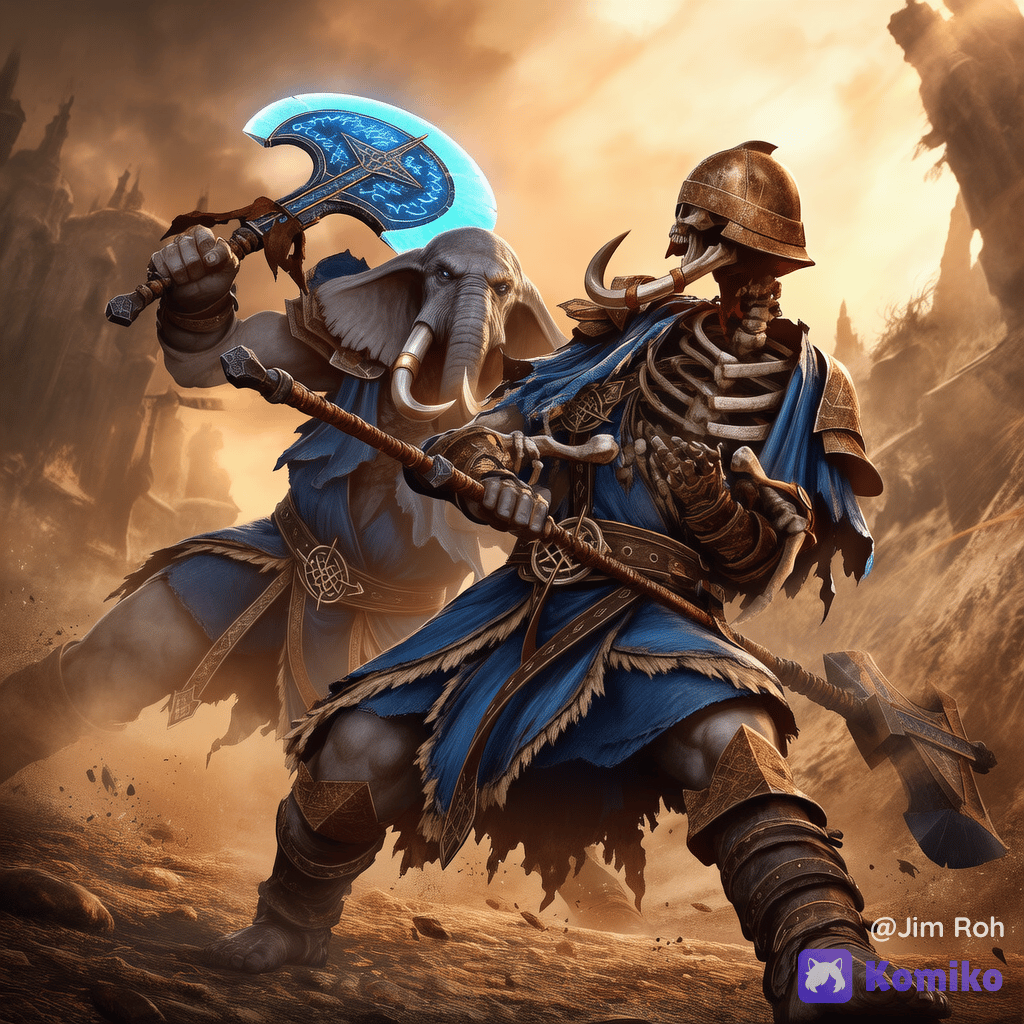 A Loxodon paladin fights against an Undead Warrior.