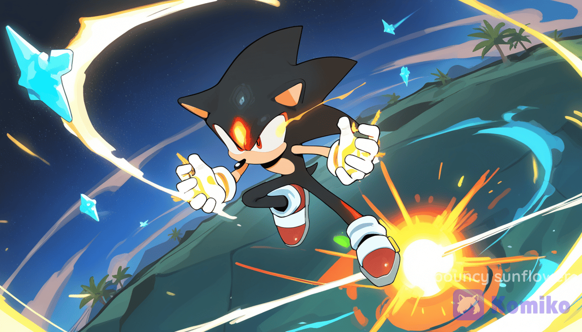 Sonic and Shadow fusion, vibrant anime style, dynamic pose, glowing aura, detailed background with elements from both characters' worlds [vibrant-anime-style]