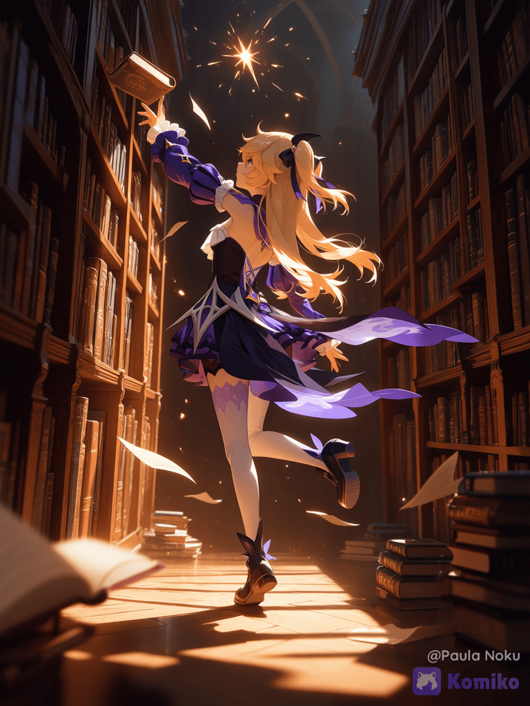 Alice with her back turned, leg raised, reaching for a book on the shelf in the library of Harry Potter's castle.