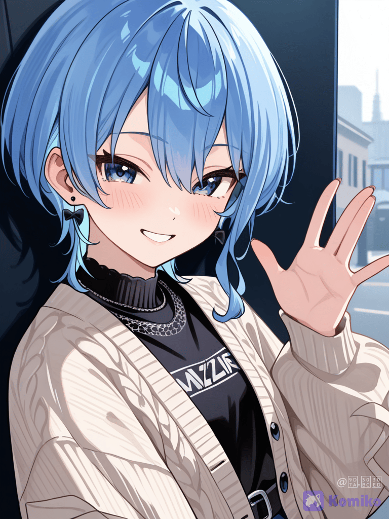 青い髪、可愛い顔！