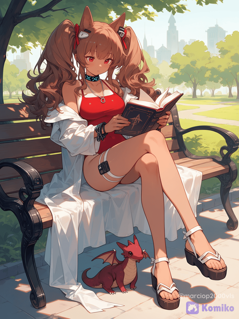 Sitting on the park bench, legs crossed, reading a book on witchcraft, with a little dragon on the ground,