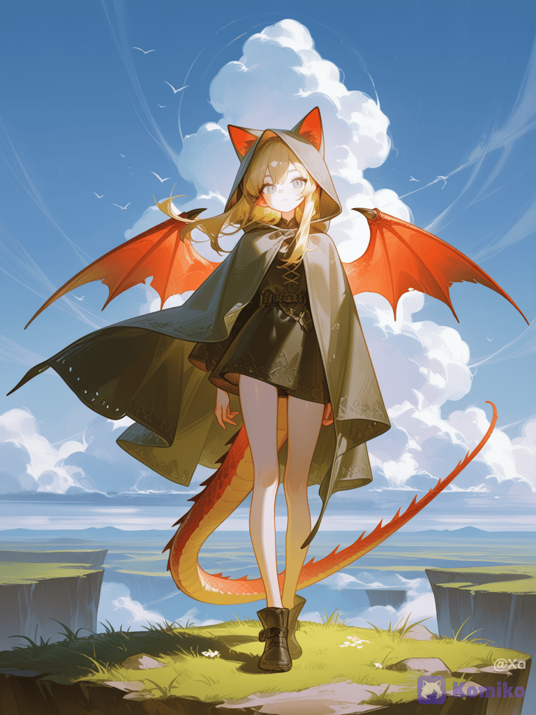 A dragon girl in a cloak with cat ears
