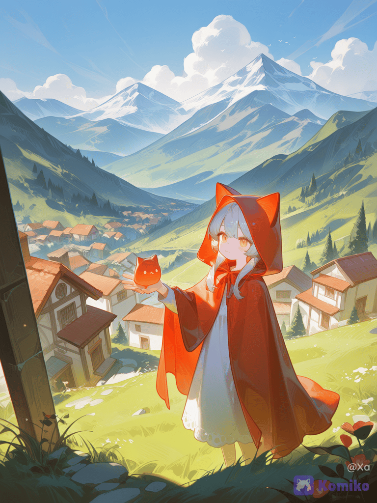 A girl in a hooded cloak in a small village
