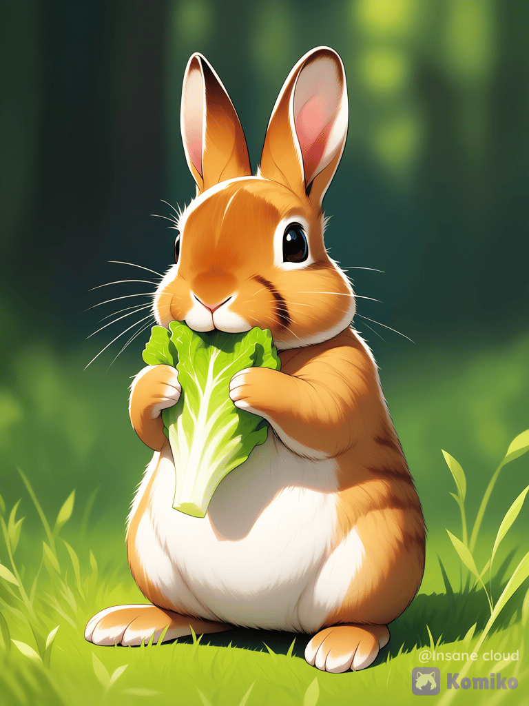Brown rabbit eating a lettuce