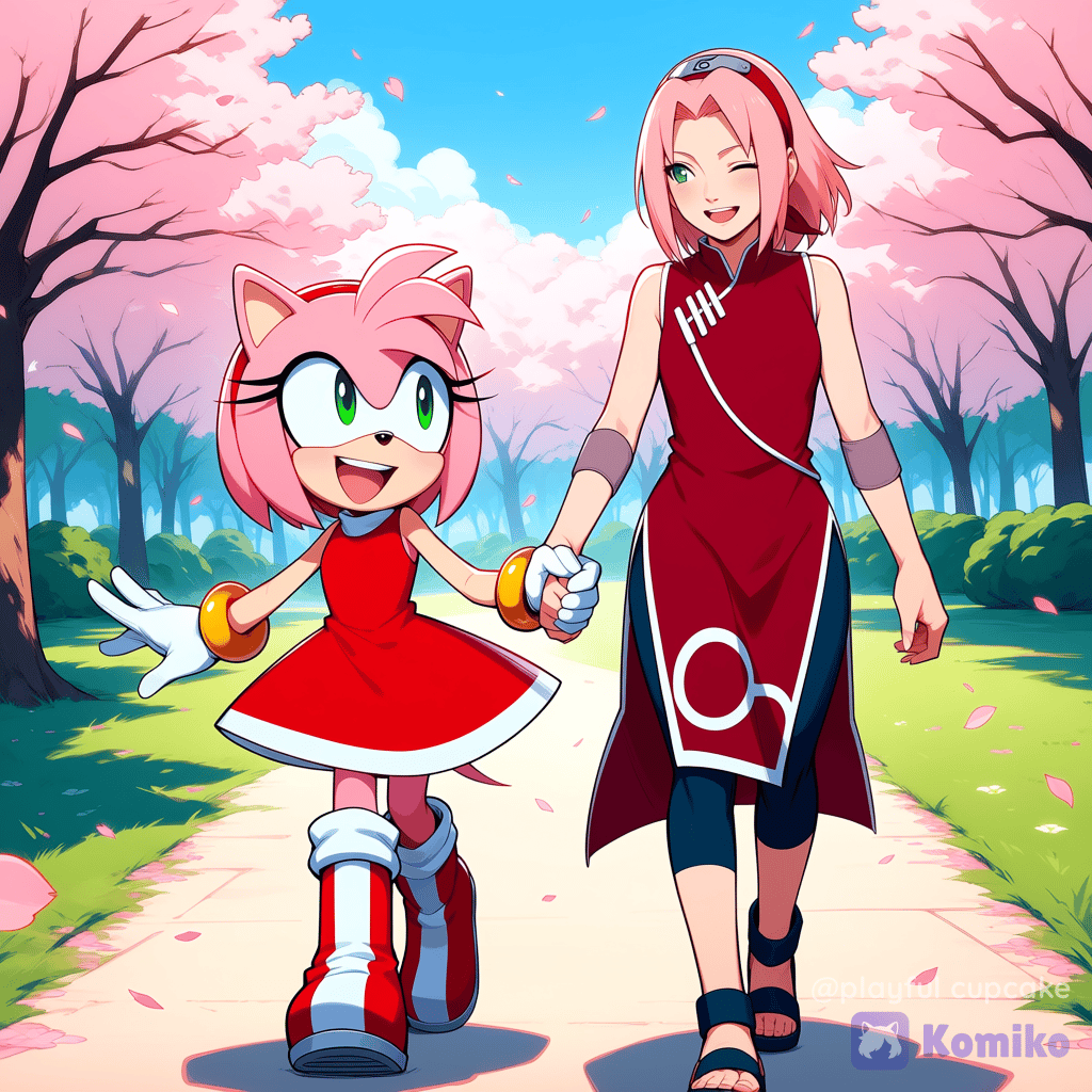 Amy Rose and Sakura Haruno holding hands and walking together!