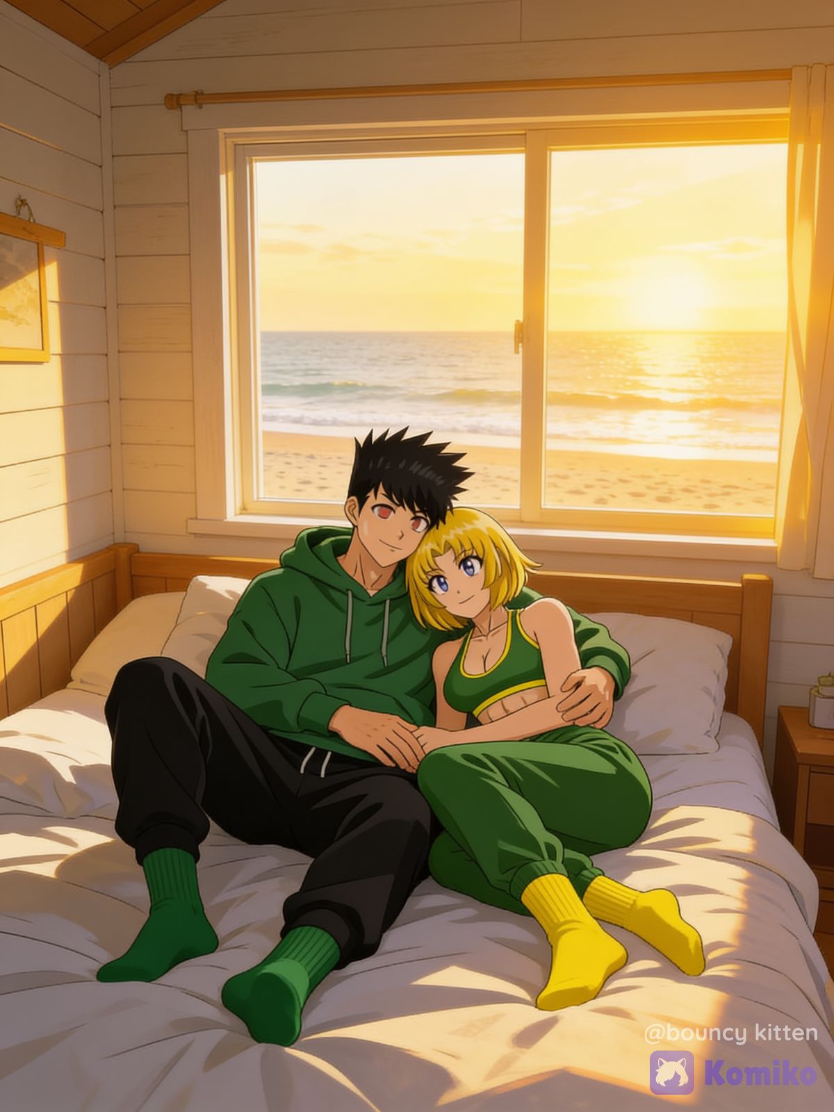 Jin x Irene waking up to a romantic sunrise.