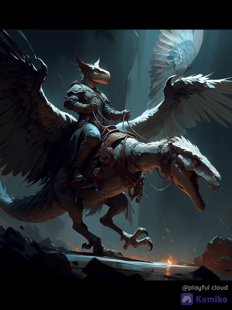 Vélociraptor volant, chevauché par un homme lézard.