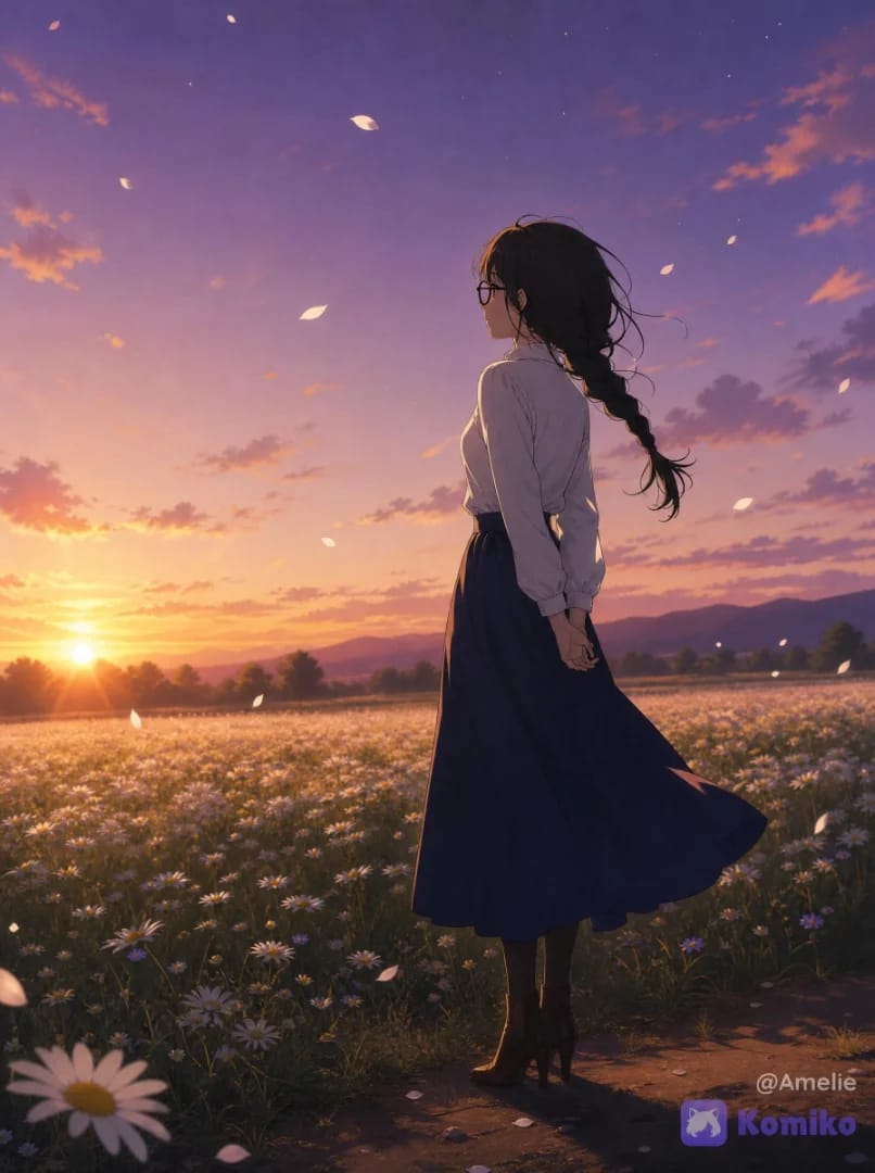 Sunset in the countryside meadow