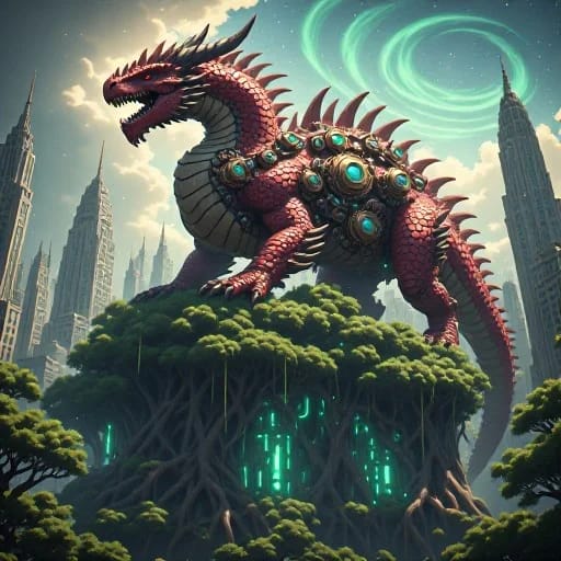 A Steampunk Rathalos Guardian Of A Overgrown Solarpunk City