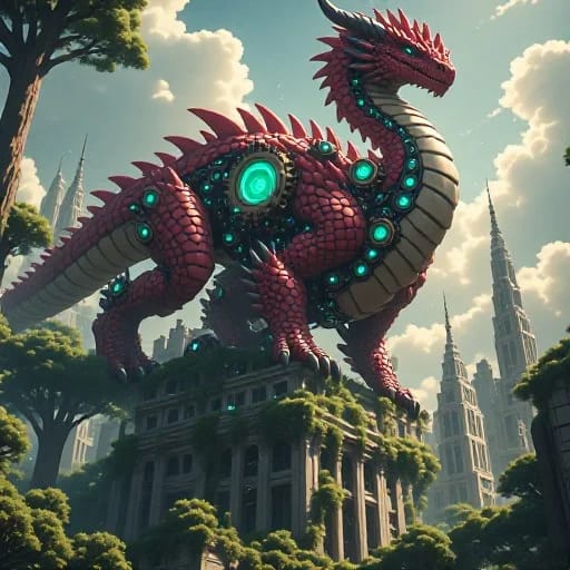 A Steampunk Rathalos Guardian Of A Overgrown Solarpunk City