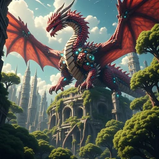 A Steampunk Rathalos Guardian Of A Overgrown Solarpunk City