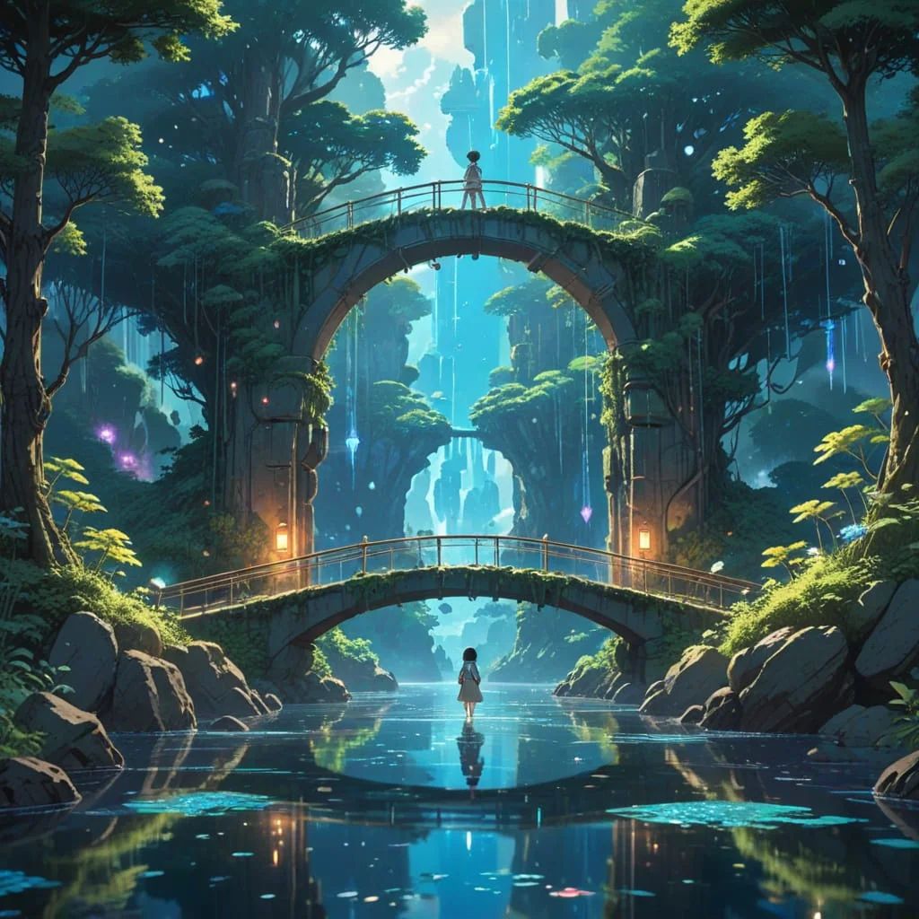 2 Floating Vibrant Futuristic And Neon-lit Cities Islands With A Crystal Bridge