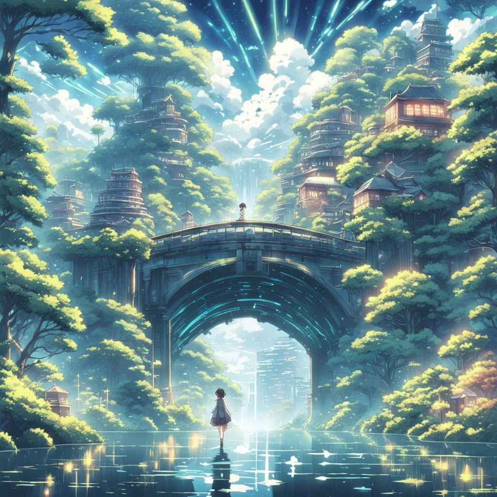 2 Floating Vibrant Futuristic And Neon-lit Cities Islands With A Crystal Bridge