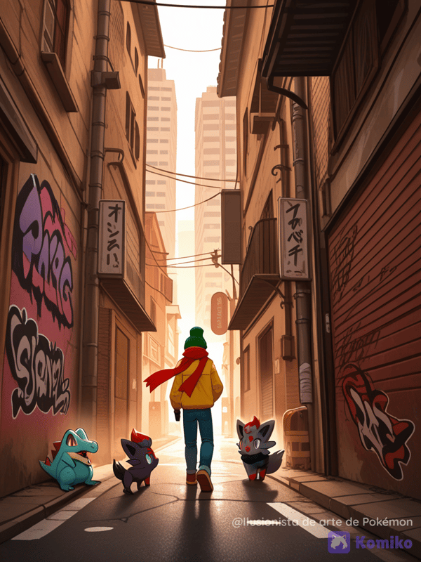 Dos Zorua y un totodile con un humano,en un callejón