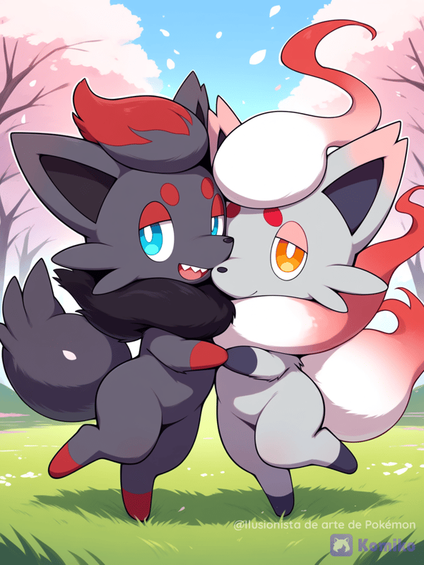 Zorua y Hisuian Zorua agarrados de las manos
