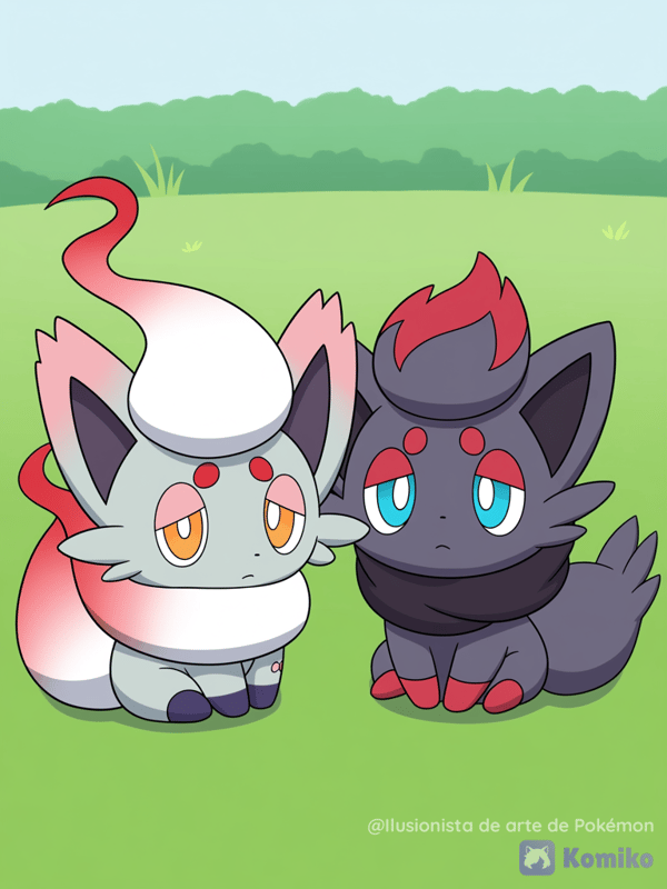 Hisuian Zorua y Zorua en un campo