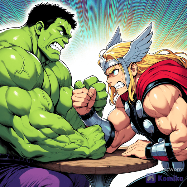 Thor and Hulk arm wrestling