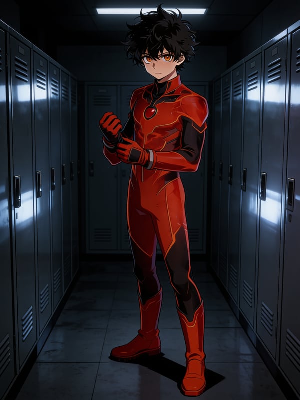 Kazuki's making sure his Hero Costume is on correctly for his first combat training