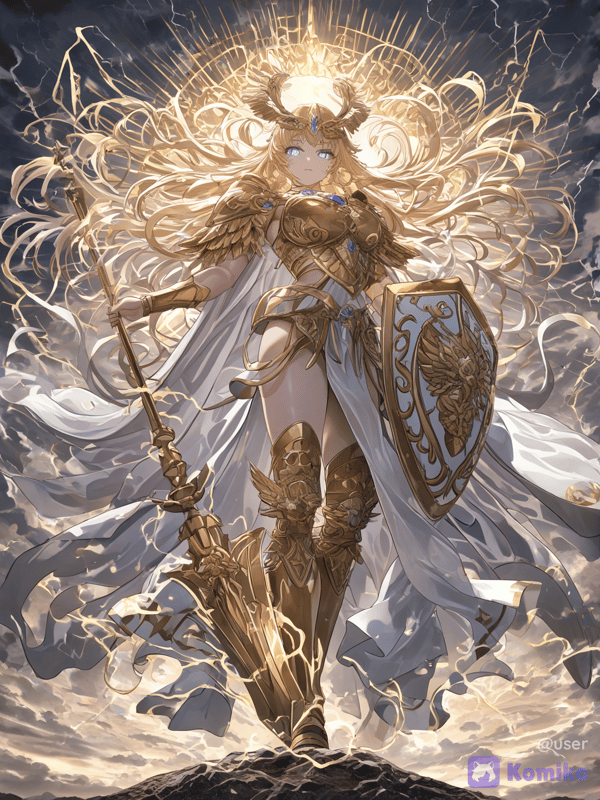 Goddess Athena, powerful adult woman, golden armor with owl details, long flowing blonde hair, glowing blue eyes, holding golden spear and aegis shield, majestic , []