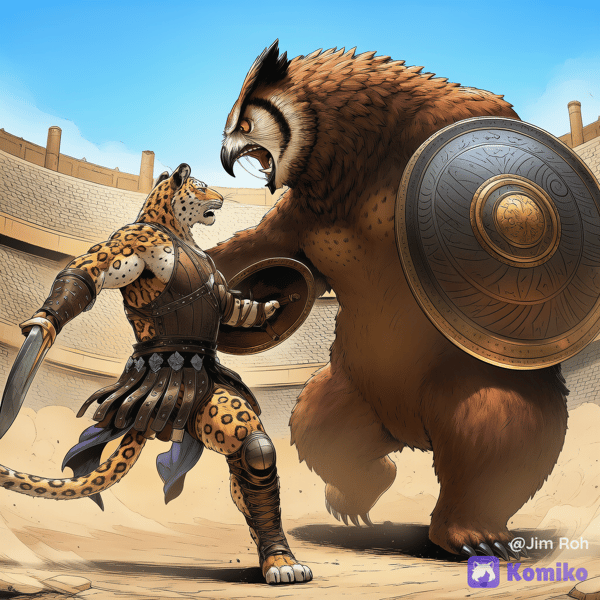 Tabaxi Gladiator fighting a Owlbear 01