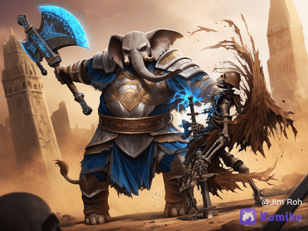 A Loxodon paladin fights an Undead Warrior.