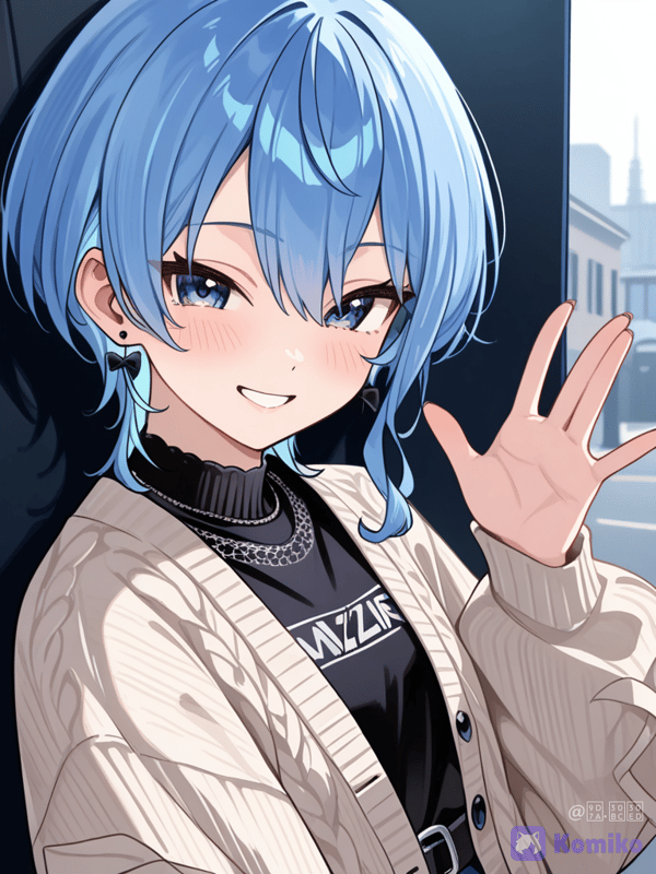 青い髪、可愛い顔！
