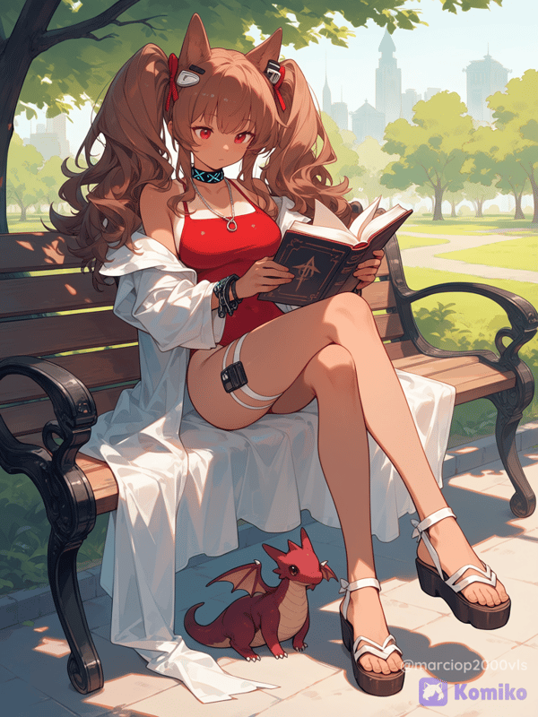 Sitting on the park bench, legs crossed, reading a book on witchcraft, with a little dragon on the ground,