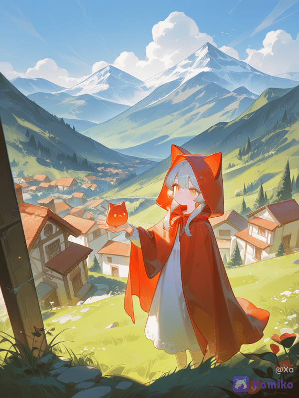 A girl in a hooded cloak in a small village