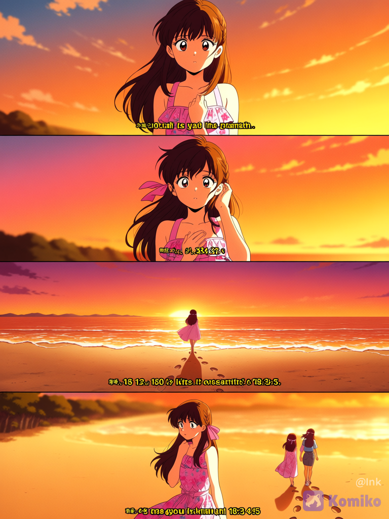 2D manga-style art with a retro film print texture. Full color. A single, multiple-figure composition showing four chronologically spaced instances of the same Japanese woman on a sunset beach. She has long brown braided hair with small pink ribbons and wears a pink floral ruffle sundress.
The sequence is as follows, all figures include clear digital time text above their heads:
1. Central Figure (18:30): Standing still with a worried expression, hand on chest.
2. Right Figure (18:35): Startled and panicked expression, hand raised near head.
3. Left Figure (18:40): Walking away slowly, looking pensive and thoughtful.
4. Far Left Figure (18:45): More distant and blurry, walking further away along the beach.
The beach background features a warm golden-orange sunset over the ocean, soft waves, and distant coastal land.
Crucial Detail: On the foreground sand, right where the central figure stands, there is a complex, clear pattern of footprints forming concentric, circular loops, indicating a time loop. Other footprints trail away in a straight line toward the distant figures.
Composition is vertical, focusing on the sequence and the loop detail.